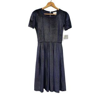 New Lularoe Amelia Dress Womens Small Blue Velvet Velour Silver Stripes